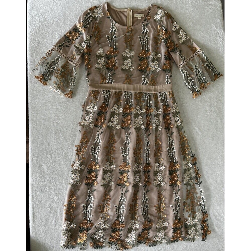 Bohme Floral Embroidered Sheer Lined Fit & Flair Midi Dress Boho Romantic Size L - Picture 6 of 12